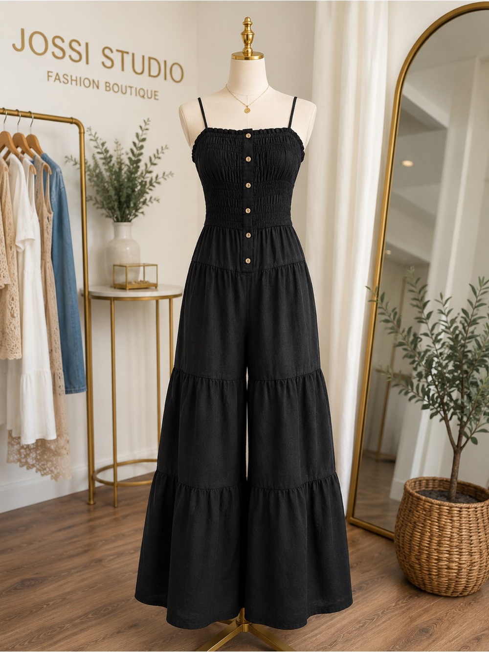 Smocked Tiered Wide-Leg Jumpsuit - Black